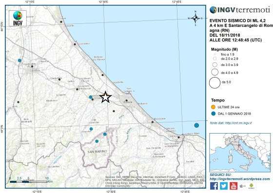 Terremoto in provincia di Rimini di magnitudo 4.2