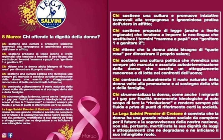 Lega, volantino sessista a Crotone: “Ruolo naturale delle donne è in famiglia”