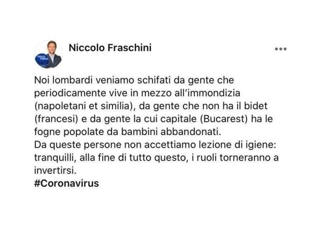 Il post razzista del consigliere di Pavia Niccolò Fraschini contro Napoli
