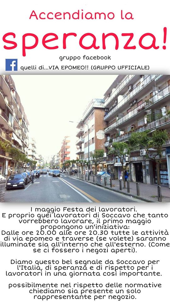 A Soccavo la sera del 1° maggio tutti i negozi illuminati per lanciare un segnale di speranza