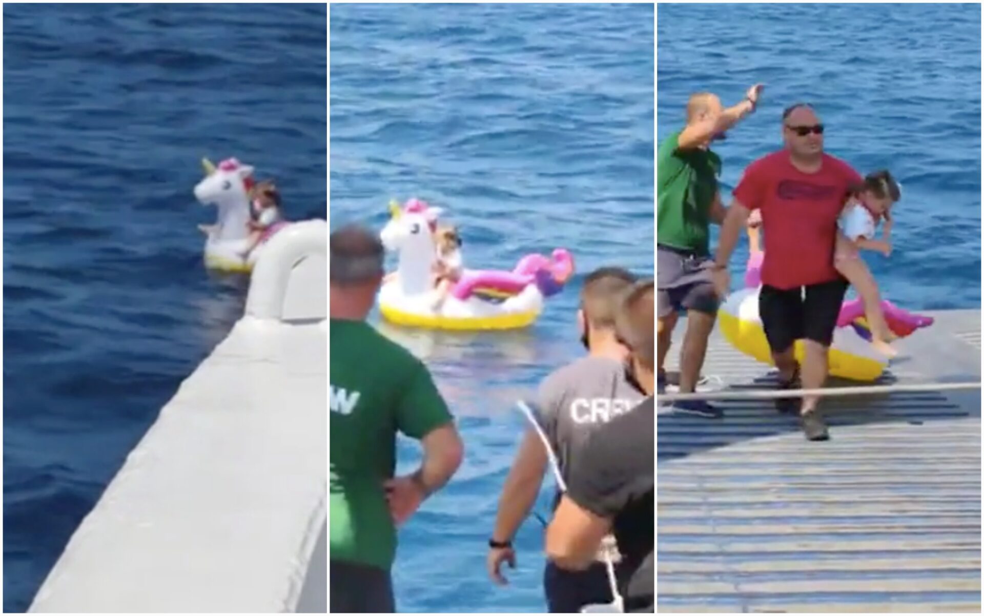 Grecia, il video della bimba trascinata dalle correnti con l'unicorno gonfiabile: Salvata da un traghetto
