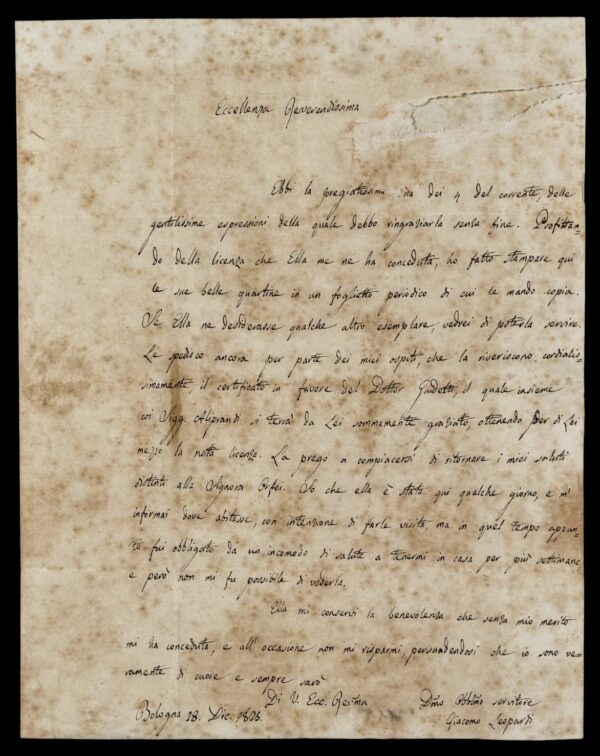 Giacomo Leopardi, ritrovata rara lettera che sarà custodita nella Biblioteca Nazionale di Napoli