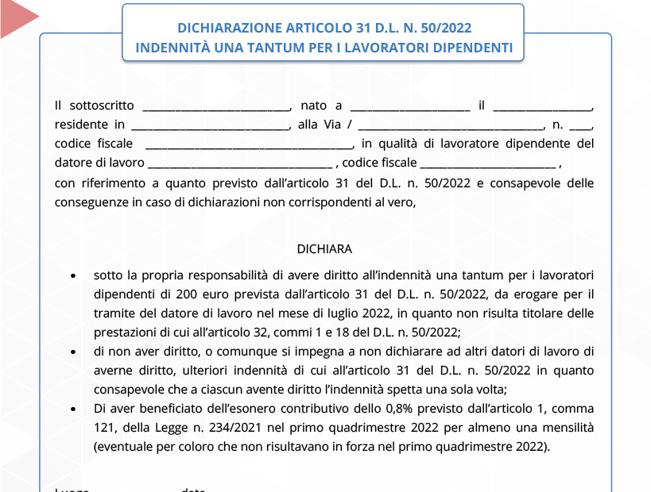 Bonus 200 euro, autocertificazione per dipendenti: il modulo