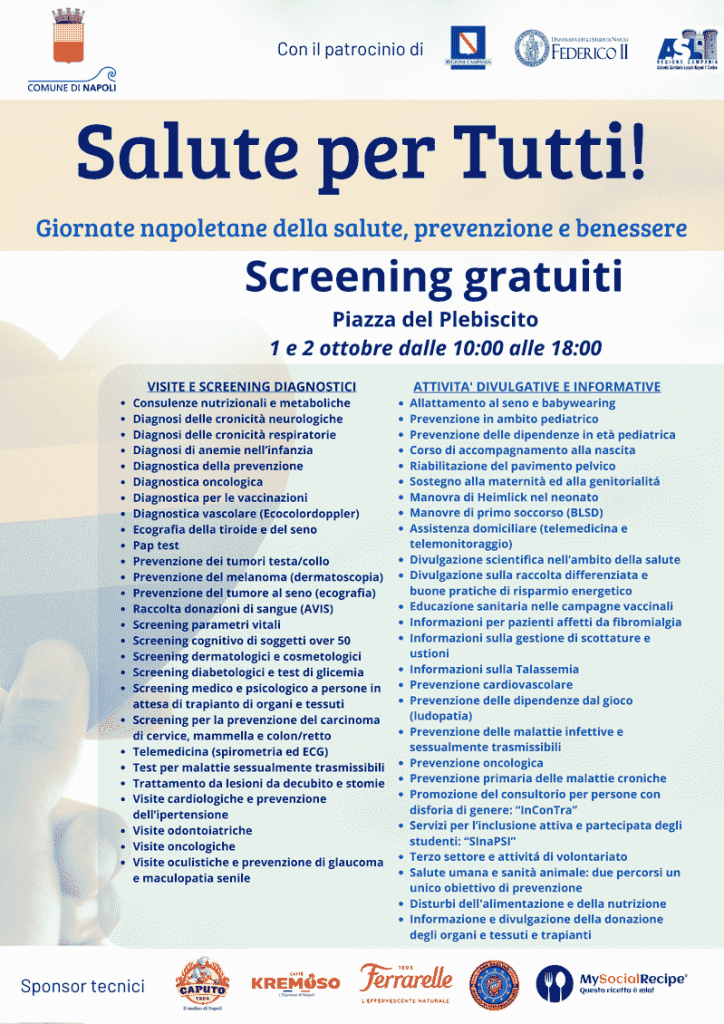 Durante la due giorni dell’iniziativa “Salute per tutti”, in piazza del Plebiscito, i cittadini potranno gratuitamente effettuare screening in molteplici ambiti sanitari. #napoli #piazzaplebiscito #salute #screening #sanita