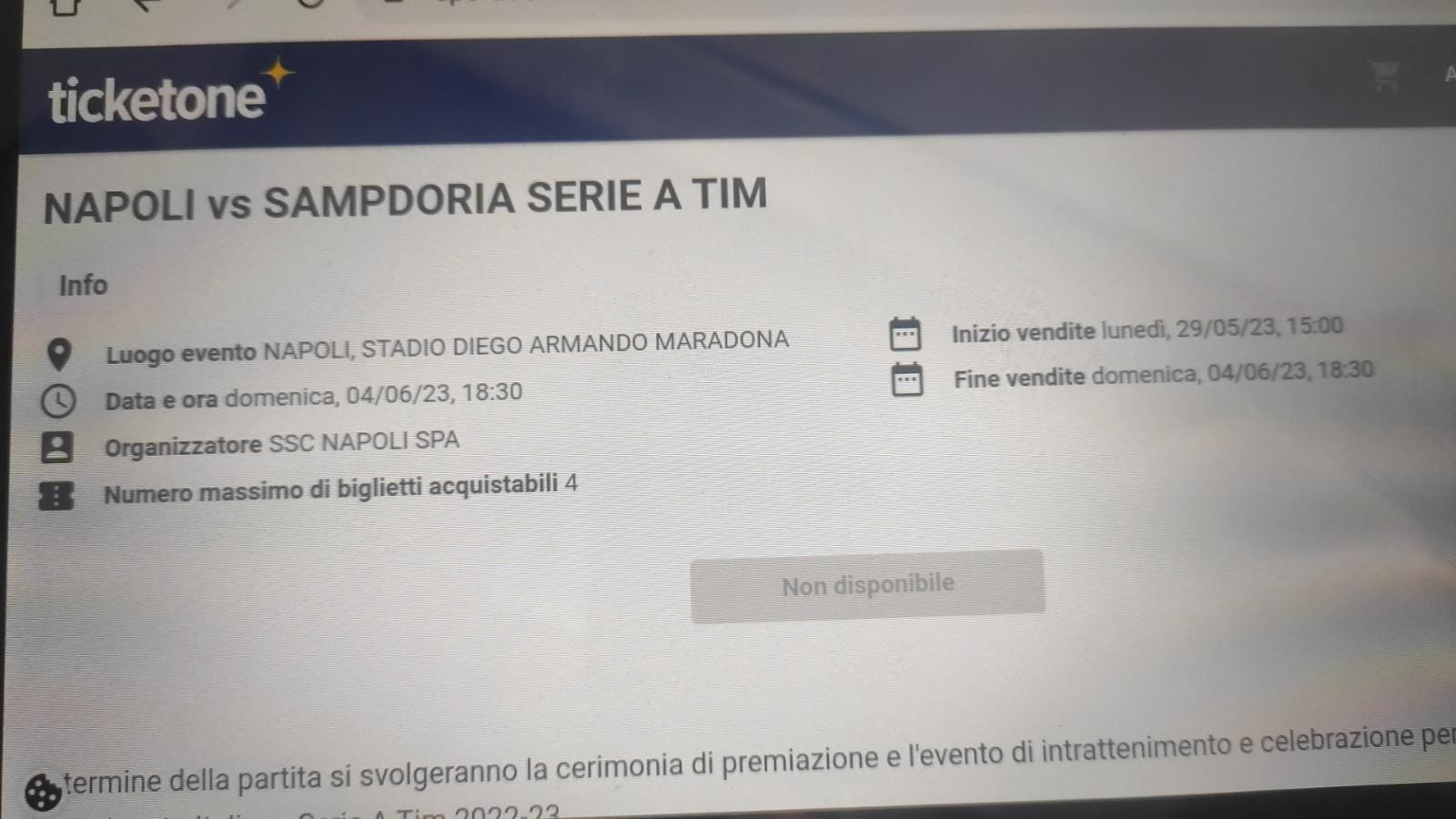 Napoli-Sampdoria: biglietti polverizzati in poche ore