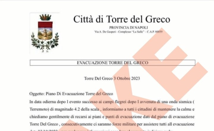 Torre del Greco: diffusa lettera di evacuazione dopo terremoto, ma è un falso