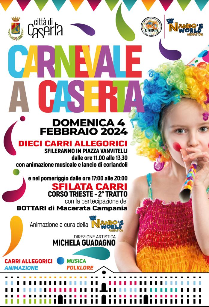 Carnevale a Caserta, il 4 febbraio tra carri allegorici e animazione per i più piccoli