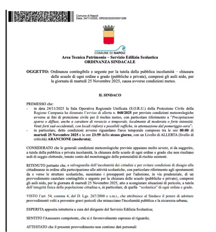 Scuole chiuse a Napoli per allerta meteo arancione. Lo Stadio Maradona sarà aperto scuole chiuse allerta meteo arancione