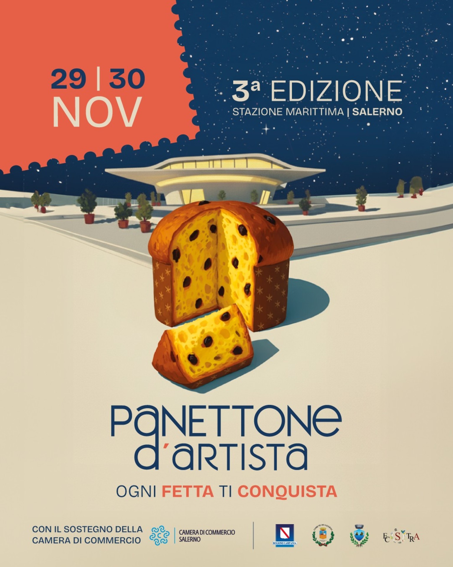 Sagre e Feste in Campania da giovedì 20 a domenica 23 novembre Panettone d’Artista torna alla Stazione Marittima di Salerno per la 3ª edizione, in programma sabato 29 e domenica 30 novembre. L’evento riunisce pasticceri provenienti da tutta la Campania e dal Mezzogiorno, offrendo un percorso dedicato al panettone artigianale nella suggestiva architettura affacciata sul mare.
Il programma prevede un itinerario di degustazione e vendita, masterclass tematiche con abbinamenti ai prodotti del territorio, talk professionali e momenti di approfondimento con stampa e operatori del settore. Tra i punti centrali figurano il Gluten Free Corner, lo spazio dedicato ai panettoni senza glutine, e le iniziative a tema sostenibilità, filiera locale e inclusione sociale.
Nel corso del festival si terrà anche la cerimonia dei Premi Maestri Pasticceri, presieduta dal giornalista Luciano Pignataro. Il programma dettagliato con orari e ospiti sarà reso disponibile sui canali ufficiali.
L’evento è organizzato da Erre Erre Eventi, associazione socio-culturale attiva nella valorizzazione del territorio salernitano, con il sostegno della Camera di Commercio di Salerno e del Comune di Salerno. Un appuntamento che invita a scoprire il meglio della pasticceria d’autore del Sud Italia, tra creatività, tradizione e un’atmosfera che celebra la qualità artigianale.
