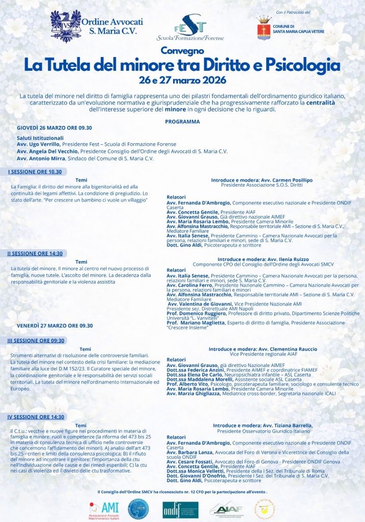 Tutela dei minori, convegno a Santa Maria Capua Vetere tra diritto e psicologia